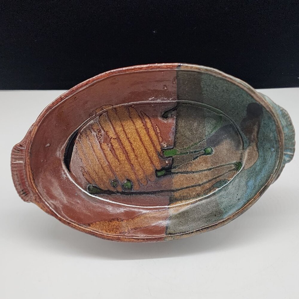 Studio Pottery Ceramic Oval Bowl Dish Abstract Glaze Art Design Signed Rustic 10